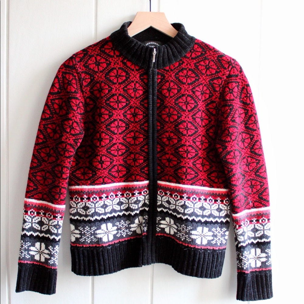 1990s Vintage Nordic Fair Isle Zip-up Cardigan Sweater Chenille Ladies Petite